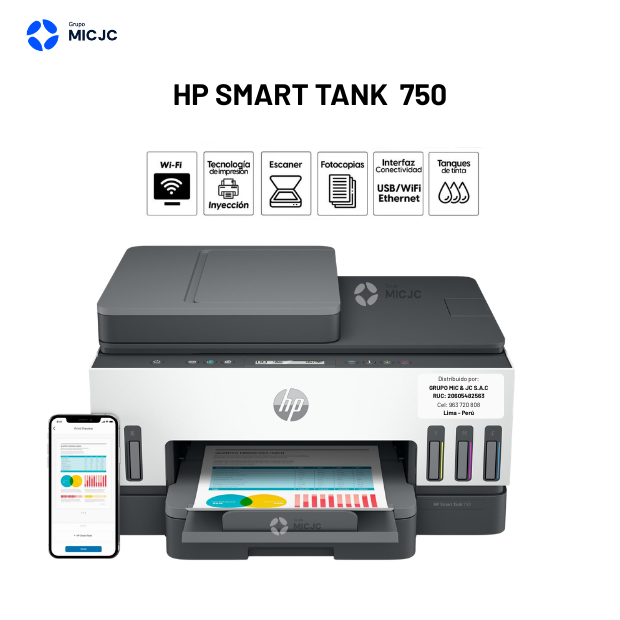 IMPRESORA MULTIFUNCIONAL HP SMART TANK 750 WIFI / BT / LAN
