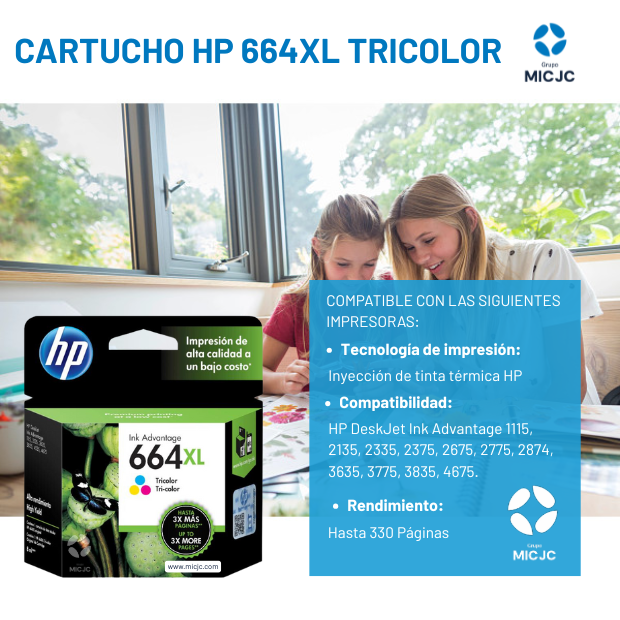 Cartucho de Tinta F6V30AL HP 664 XL Tricolor