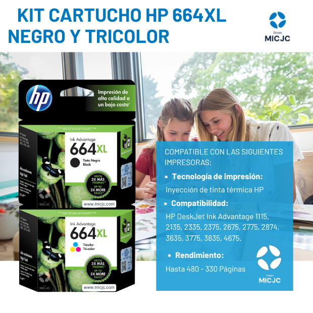 Kit de Cartucho de Tinta HP 664 XL Negro y Tricolor