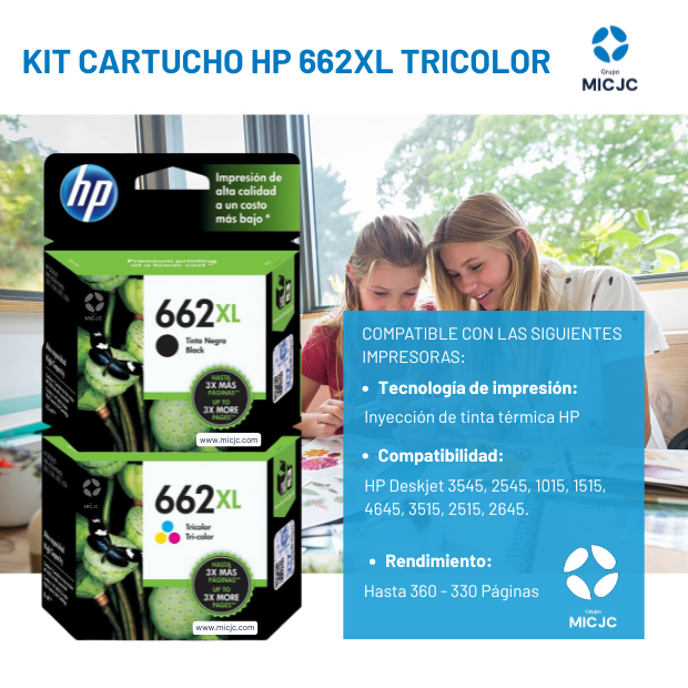 Pack de Cartucho de Tinta HP 662 XL Negro y Tricolor