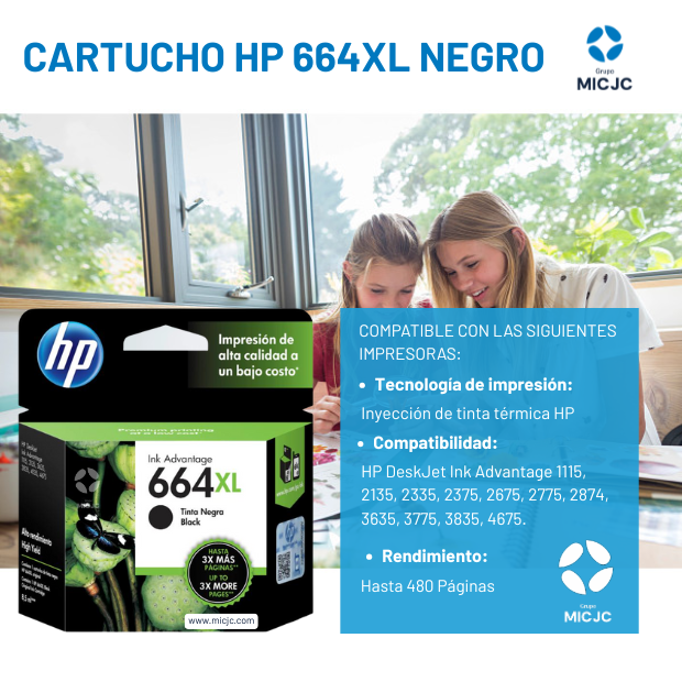 Cartucho de Tinta F6V31AL HP 664 XL Negro